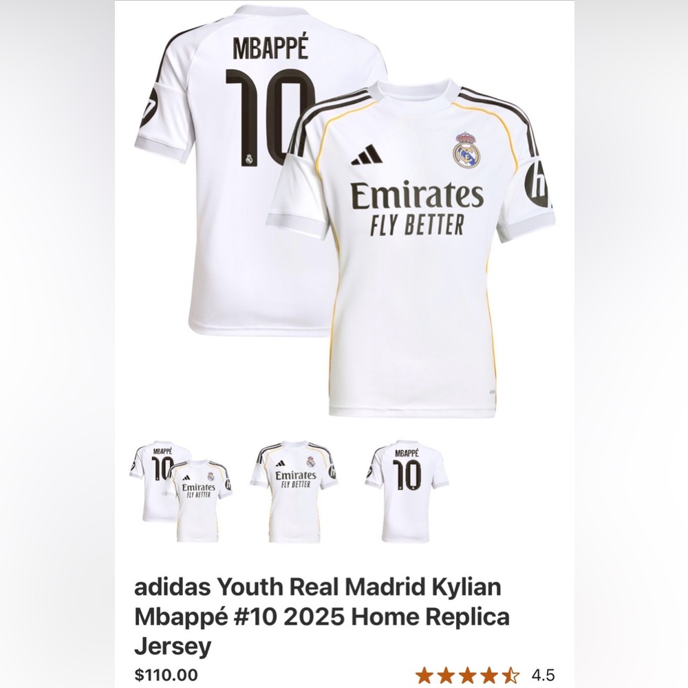 Adidas Kids Real Madrid Mbappé #10 White Jersey